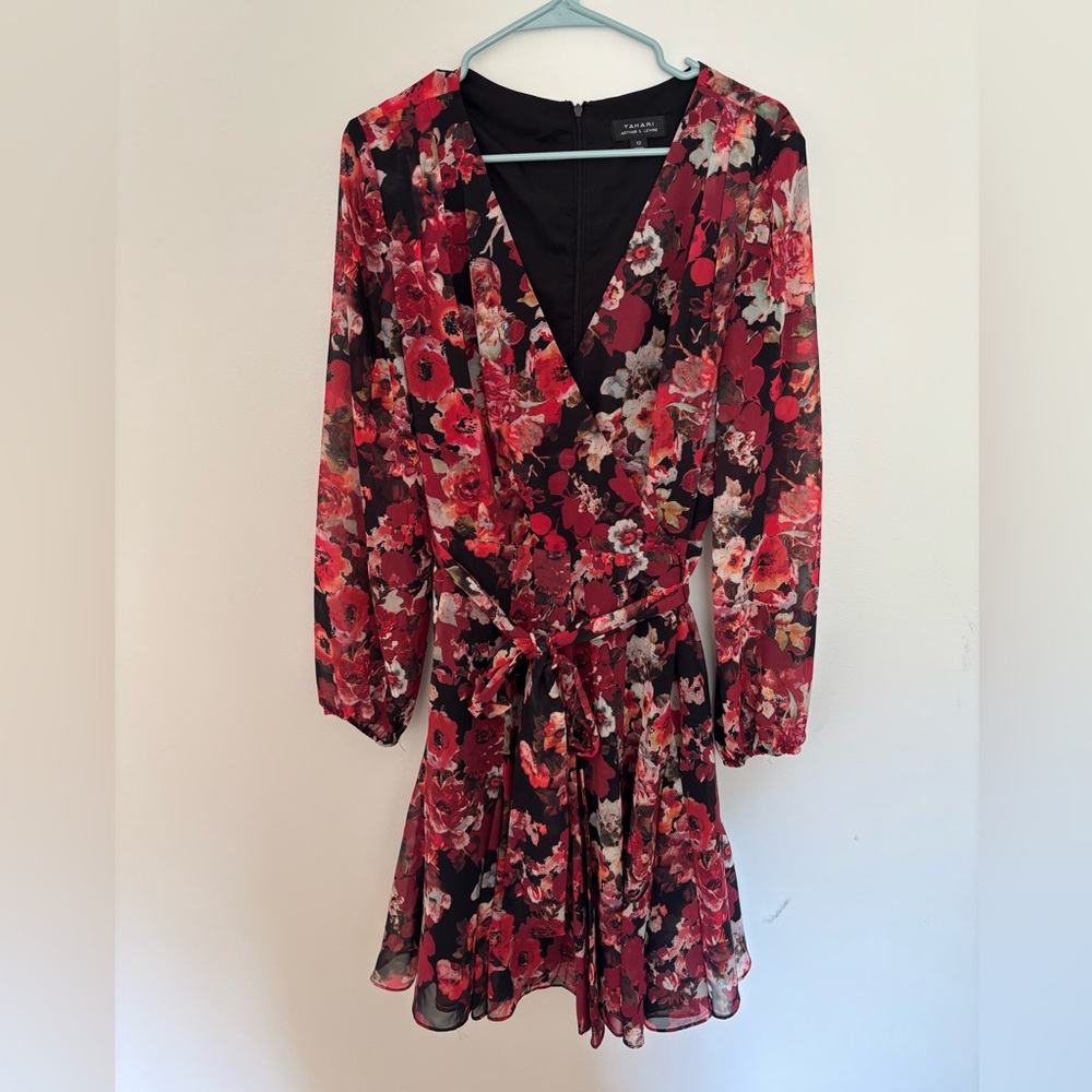 Tahari Red Floral Long Sleeve Chiffon Mini Dress Size 12